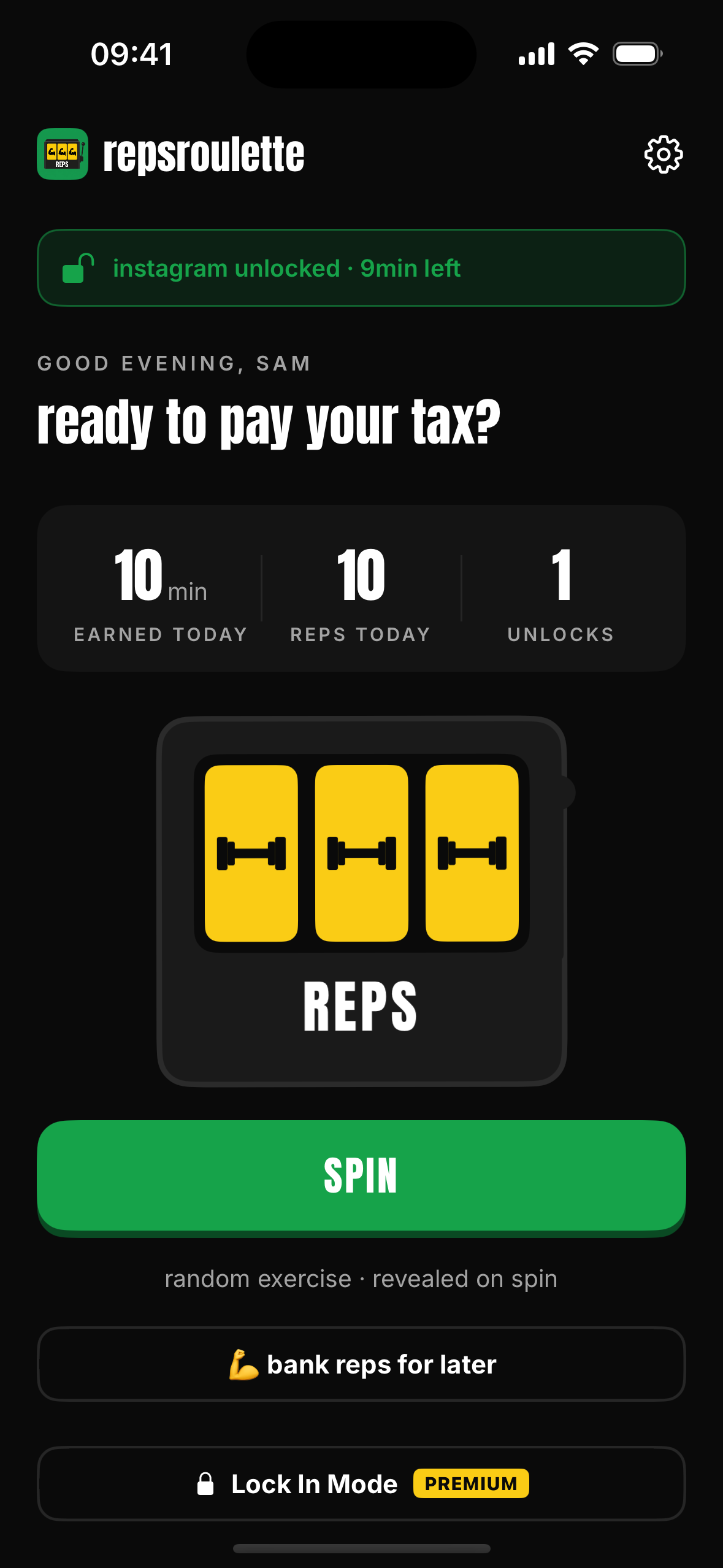 RepsRoulette home screen with slot machine and daily stats