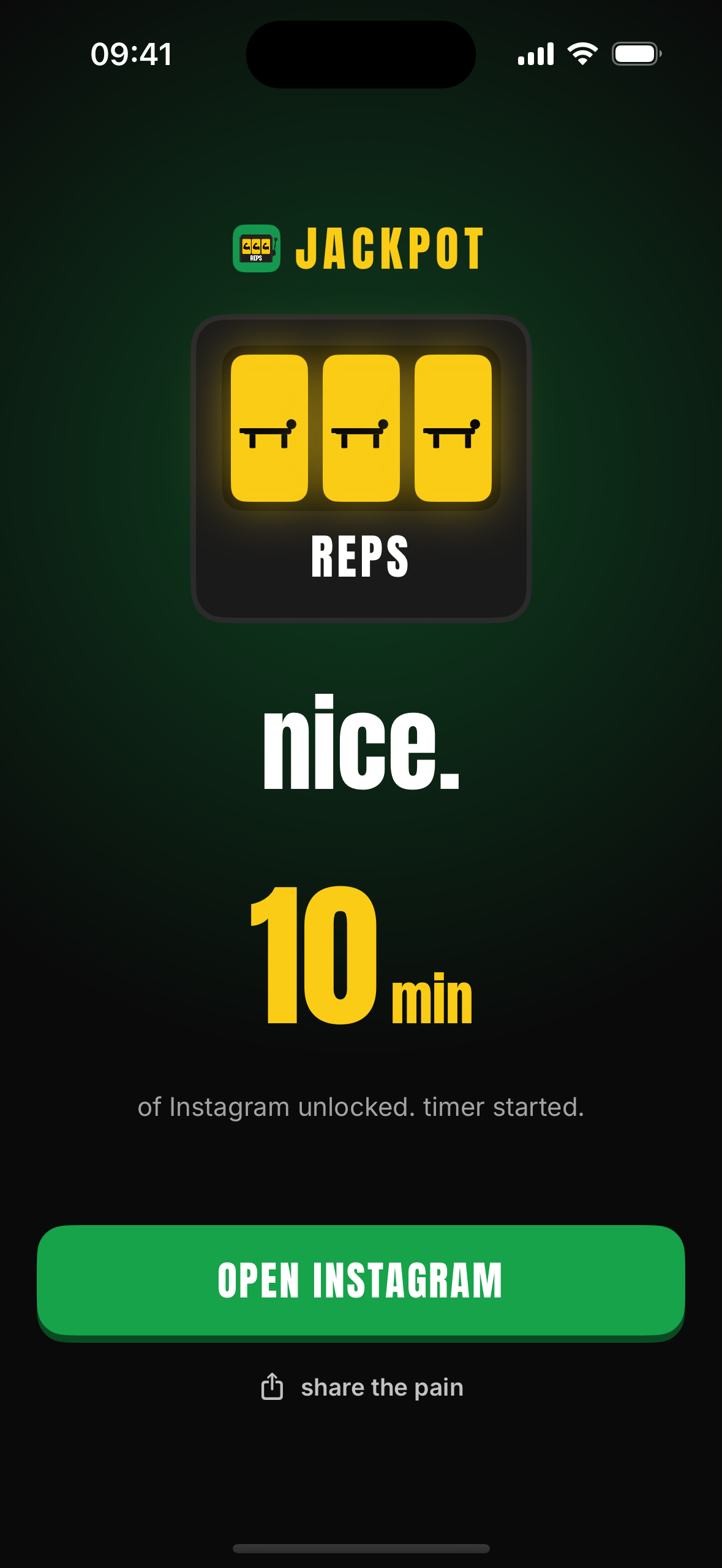 Jackpot success screen — 10 minutes of Instagram unlocked